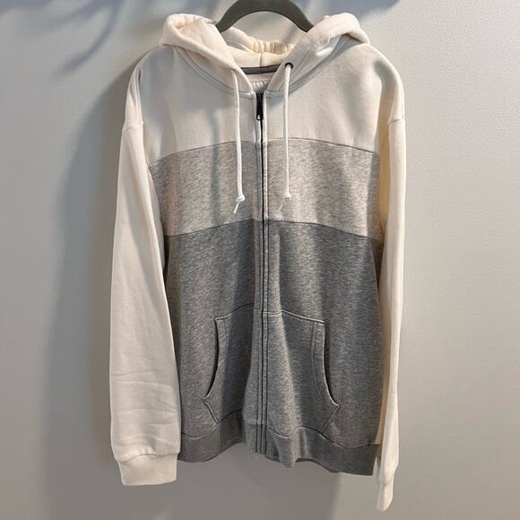 NWT Old Navy Cream and Gray Striped Zip Front Hooded Sweatshirt Size L - Picture 1 of 9